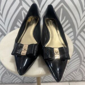Coach Mandy Black Patent Leather Kitten  Heel Pumps with Gold Accent Bow